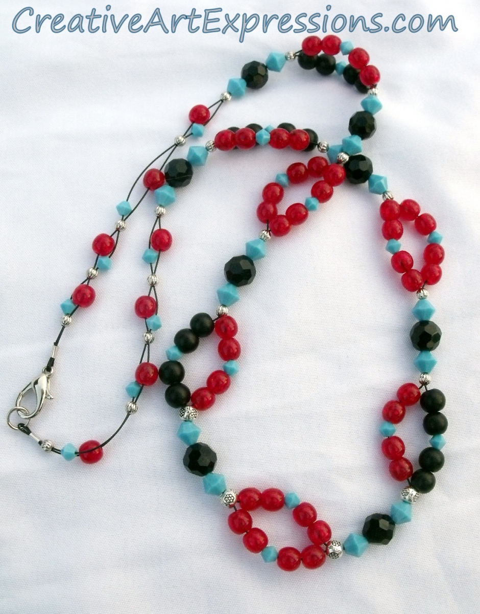 Creative Art Expressions Handmade Black Red Turquoise & Silver 2 Strand Necklace Jewelry Design